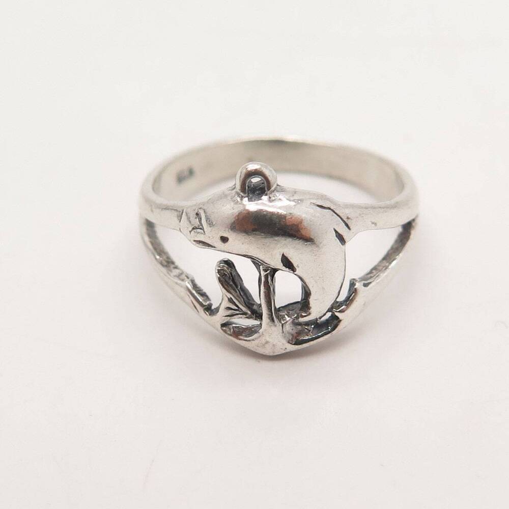 925 Sterling Silver Vintage Friendly Dolphin Ring Size 5 - Picture 3 of 8